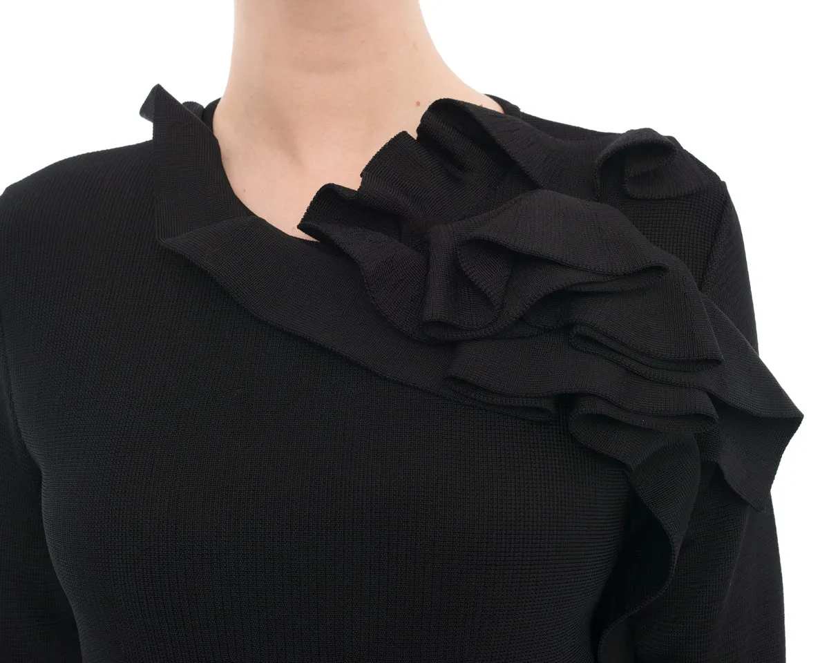 Lanvin Black Pointelle Knit Ruffle Dress with Flared Hem - 8