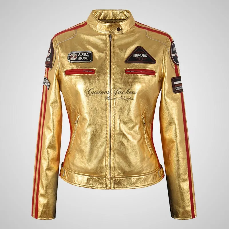 LDS SIZMA Golden and Silver Biker Leather Jacket for Women