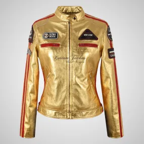 LDS SIZMA Golden and Silver Biker Leather Jacket for Women