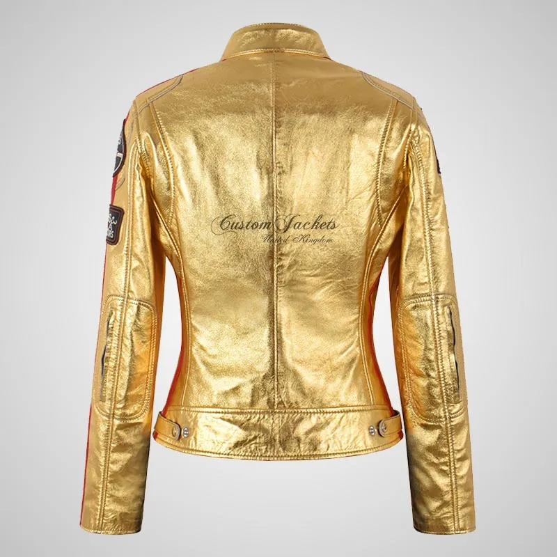 LDS SIZMA Golden and Silver Biker Leather Jacket for Women