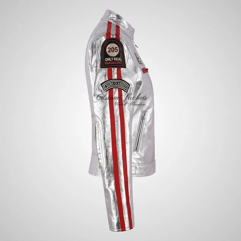 LDS SIZMA Golden and Silver Biker Leather Jacket for Women