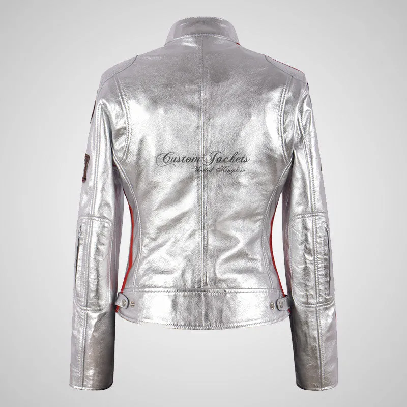 LDS SIZMA Golden and Silver Biker Leather Jacket for Women