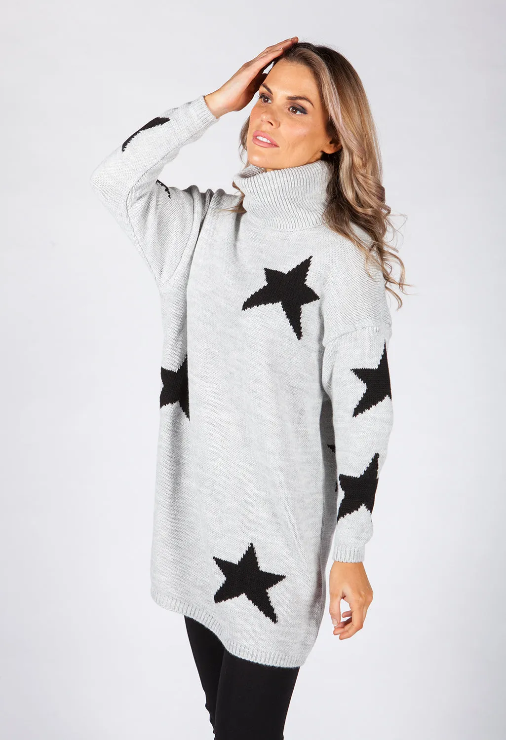 Light Grey Knit Tunic with Black Star Design