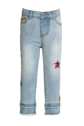 Little Girls Leopard Print Striped Washed Jeans