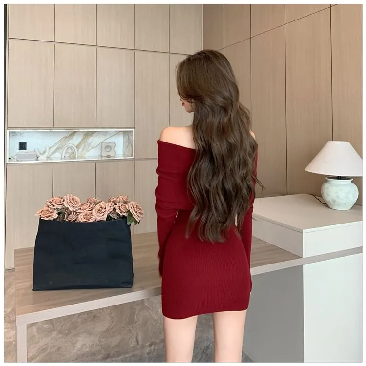 Long-Sleeve Off-Shoulder Plain Ribbed Mini Knit Sheath Dress