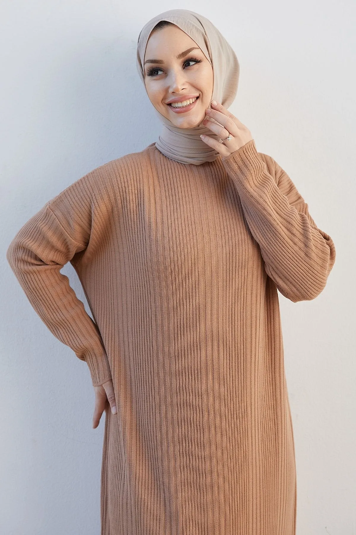 MDS Women Arissa Fisherman Collar Long Knit Dress - Camel - Vineland