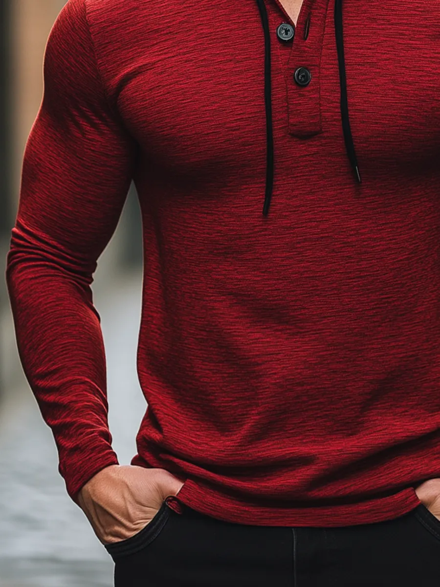 Men's Casual Long Sleeve Henley Hoodie