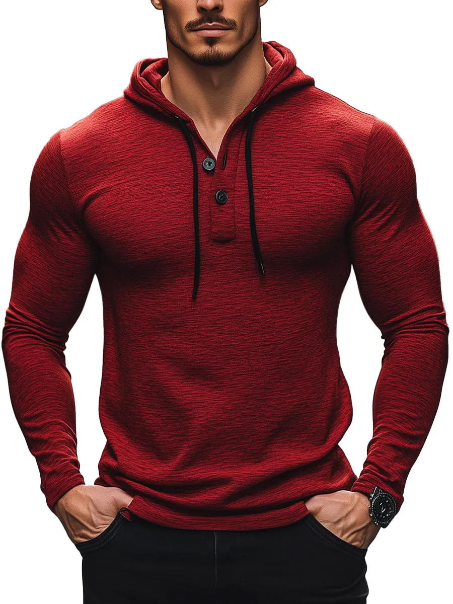 Men's Casual Long Sleeve Henley Hoodie