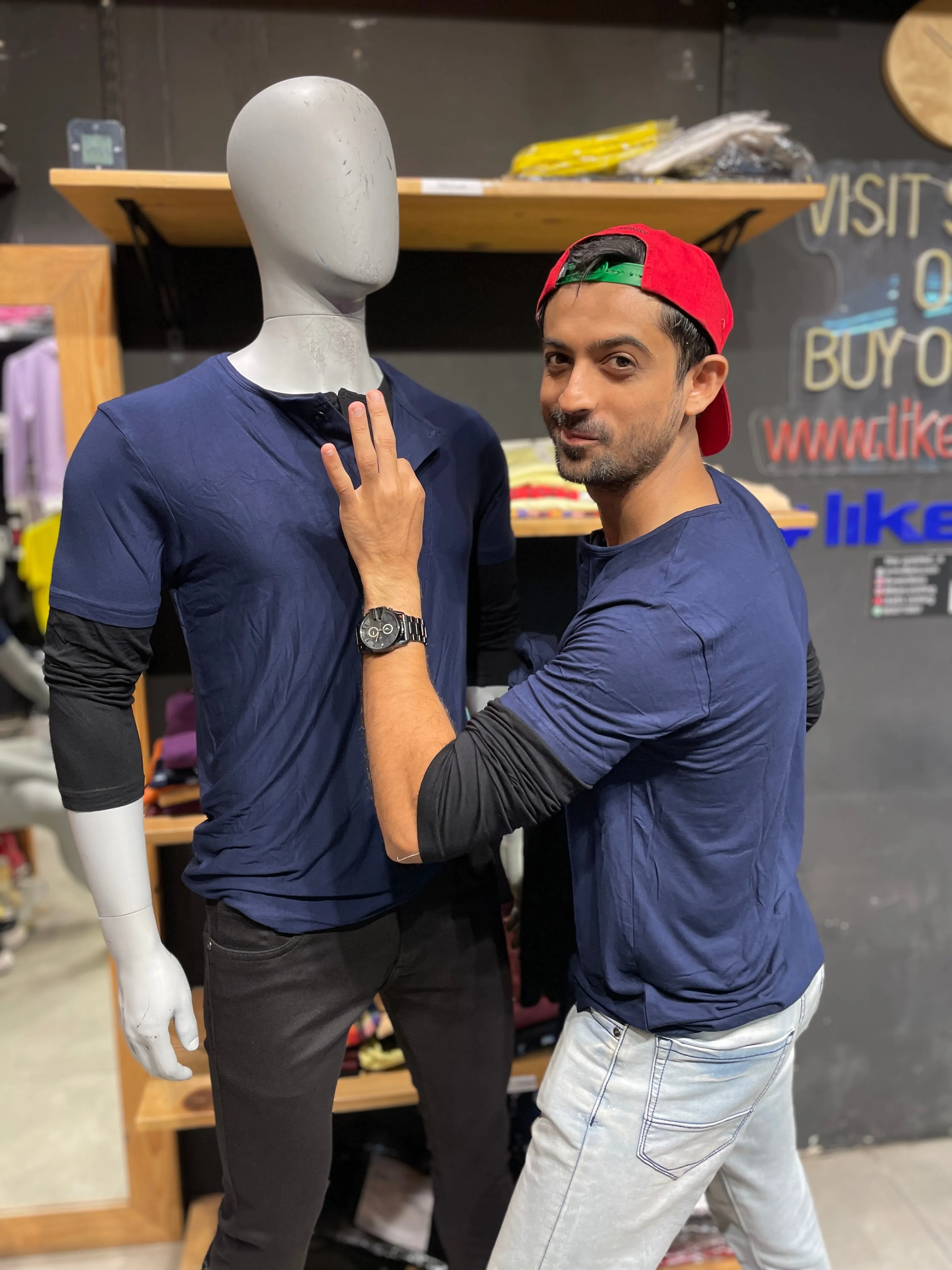 Navy/Black Doc Sleeves Henley in Viscose Stretch Fabric