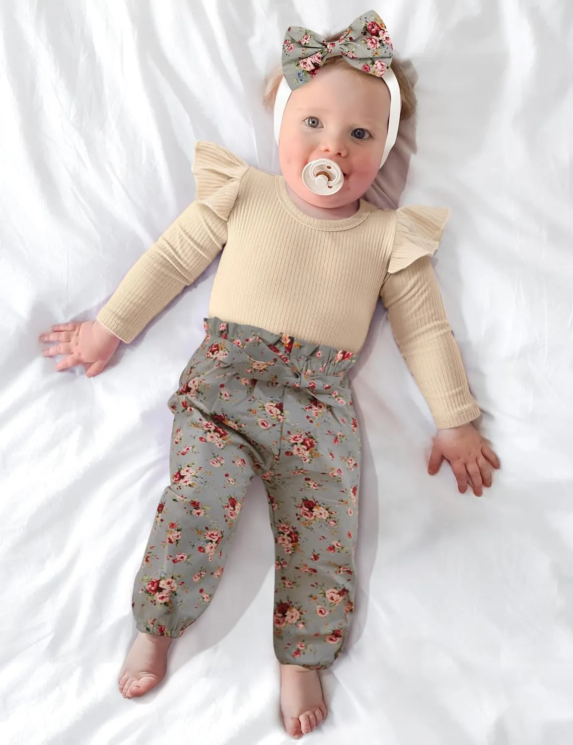 Newborn Baby Girl Outfit – Ribbed Ruffle Sleeve Romper, Floral Pants, and Headband 3PC Set