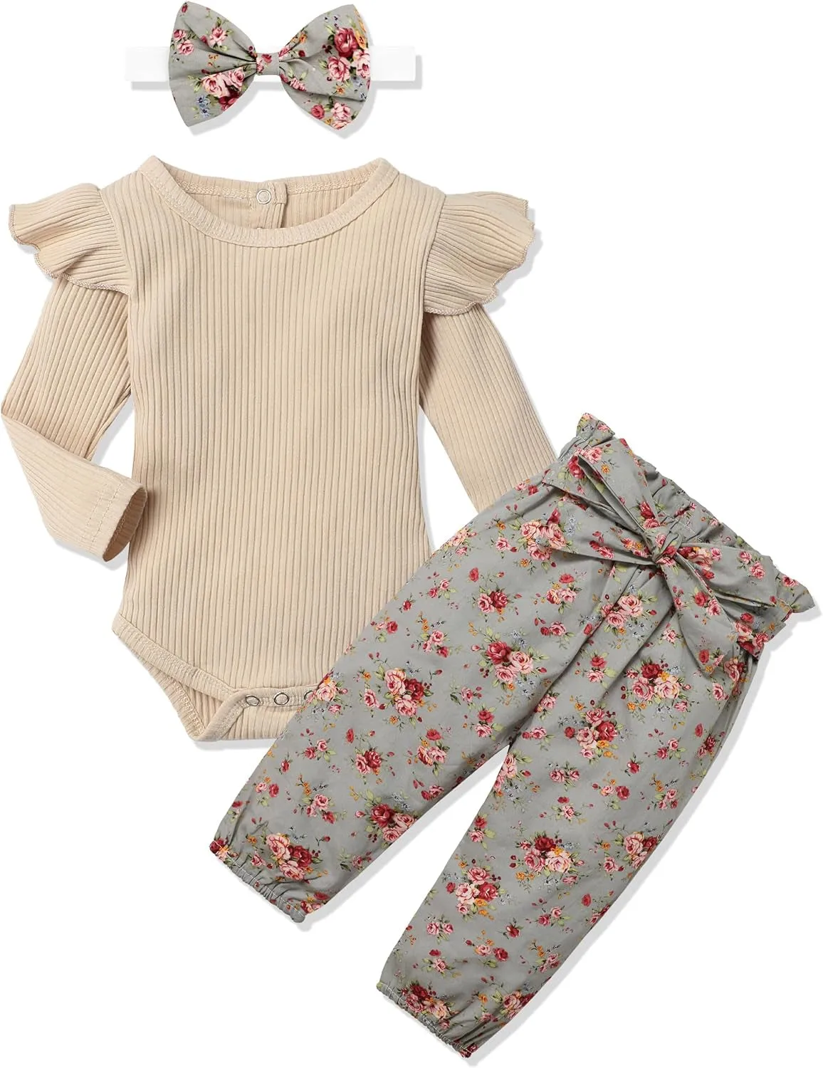 Newborn Baby Girl Outfit – Ribbed Ruffle Sleeve Romper, Floral Pants, and Headband 3PC Set