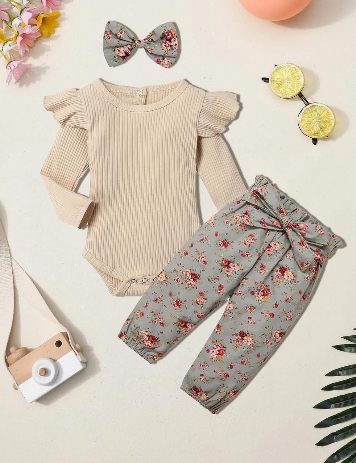Newborn Baby Girl Outfit – Ribbed Ruffle Sleeve Romper, Floral Pants, and Headband 3PC Set