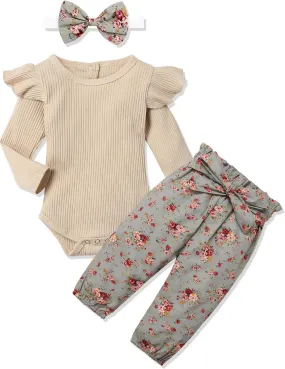 Newborn Baby Girl Outfit – Ribbed Ruffle Sleeve Romper, Floral Pants, and Headband 3PC Set