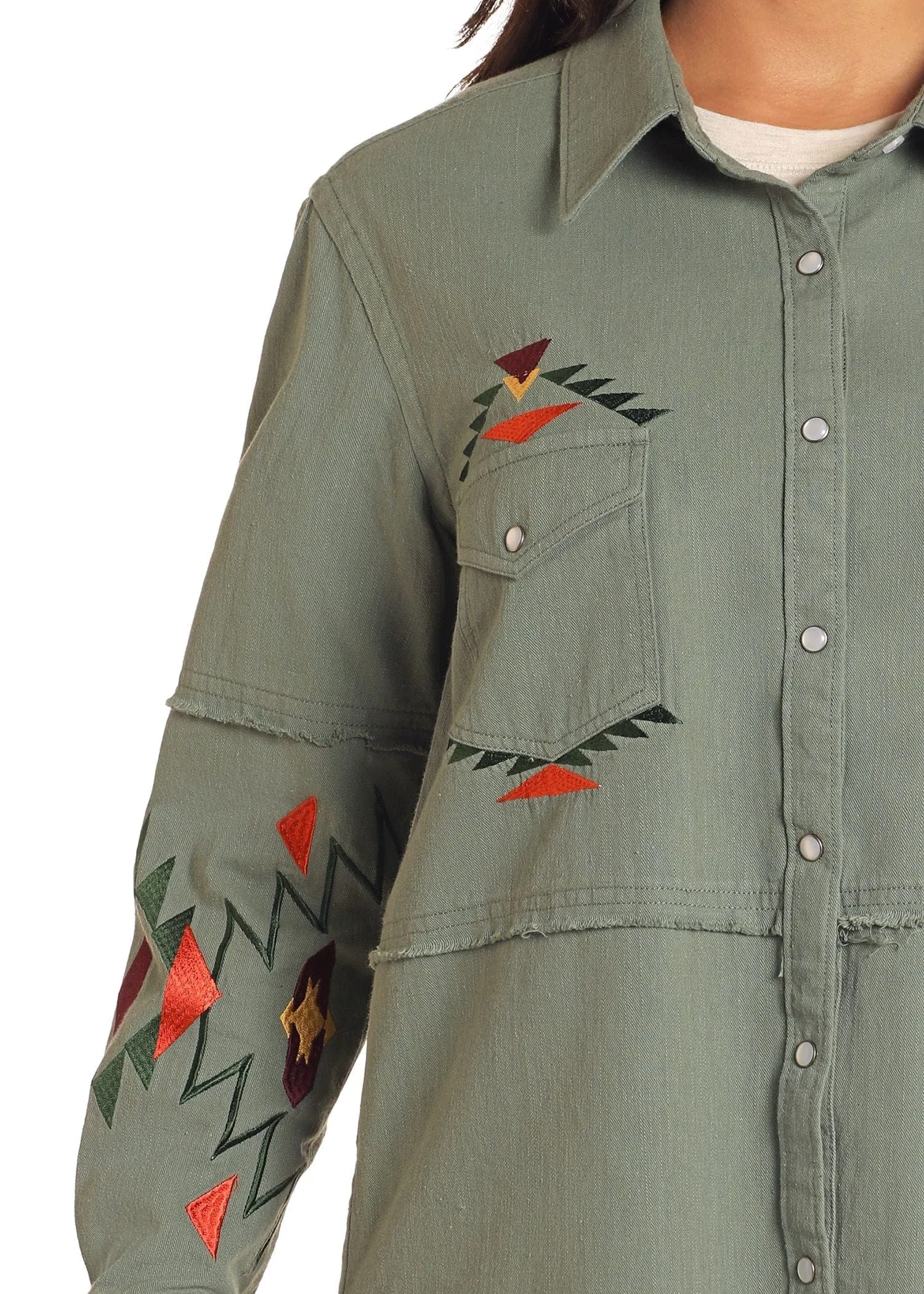 Panhandle Women Olive Embroidered Shacket