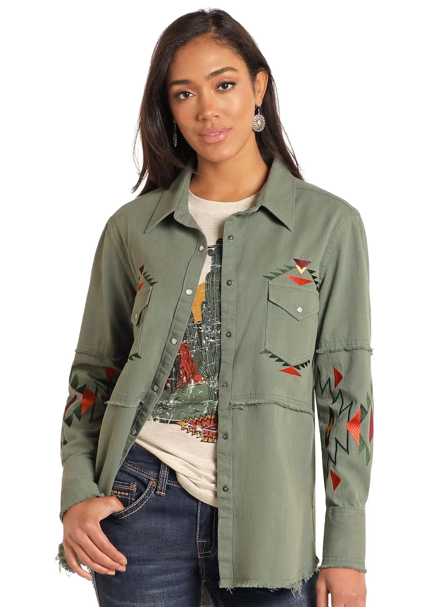 Panhandle Women Olive Embroidered Shacket