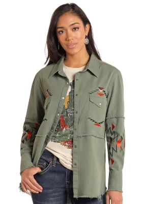 Panhandle Women Olive Embroidered Shacket
