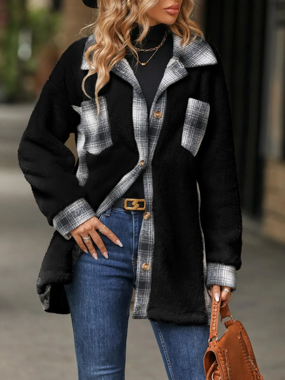 Plaid Button Up Long Sleeve Fuzzy Shacket
