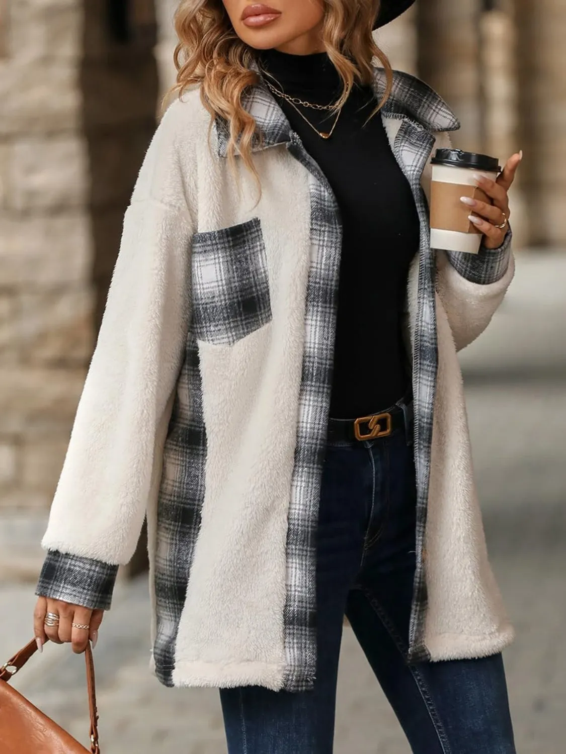 Plaid Button Up Long Sleeve Fuzzy Shacket