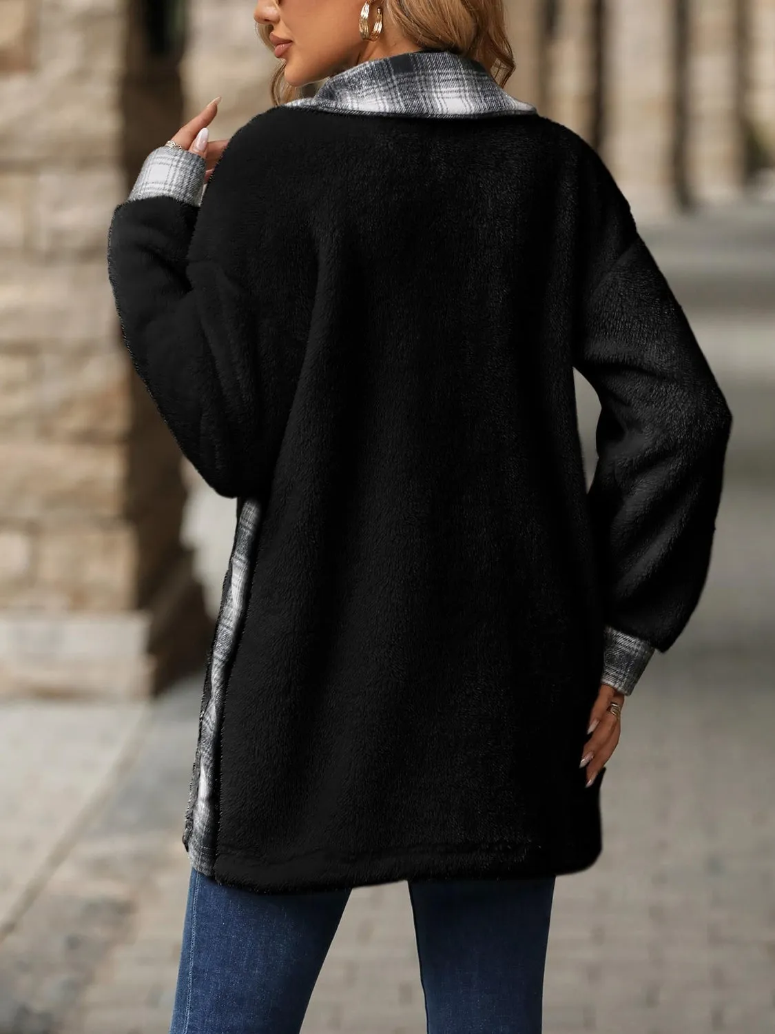 Plaid Button Up Long Sleeve Fuzzy Shacket