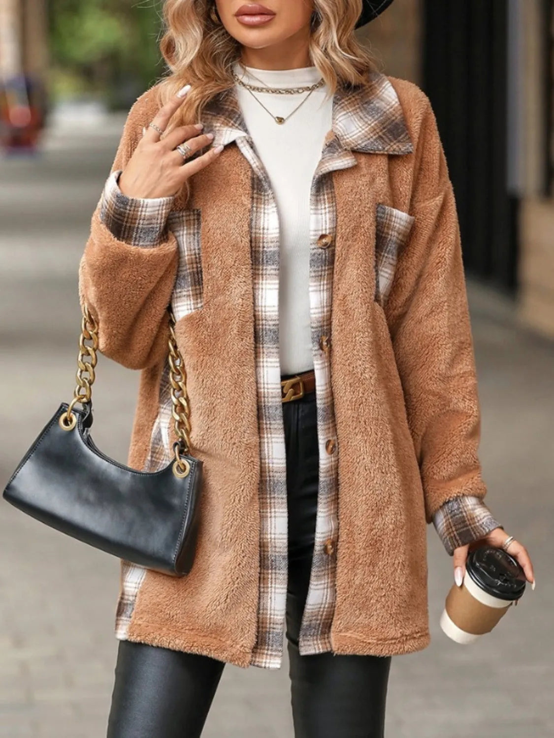 Plaid Button Up Long Sleeve Fuzzy Shacket
