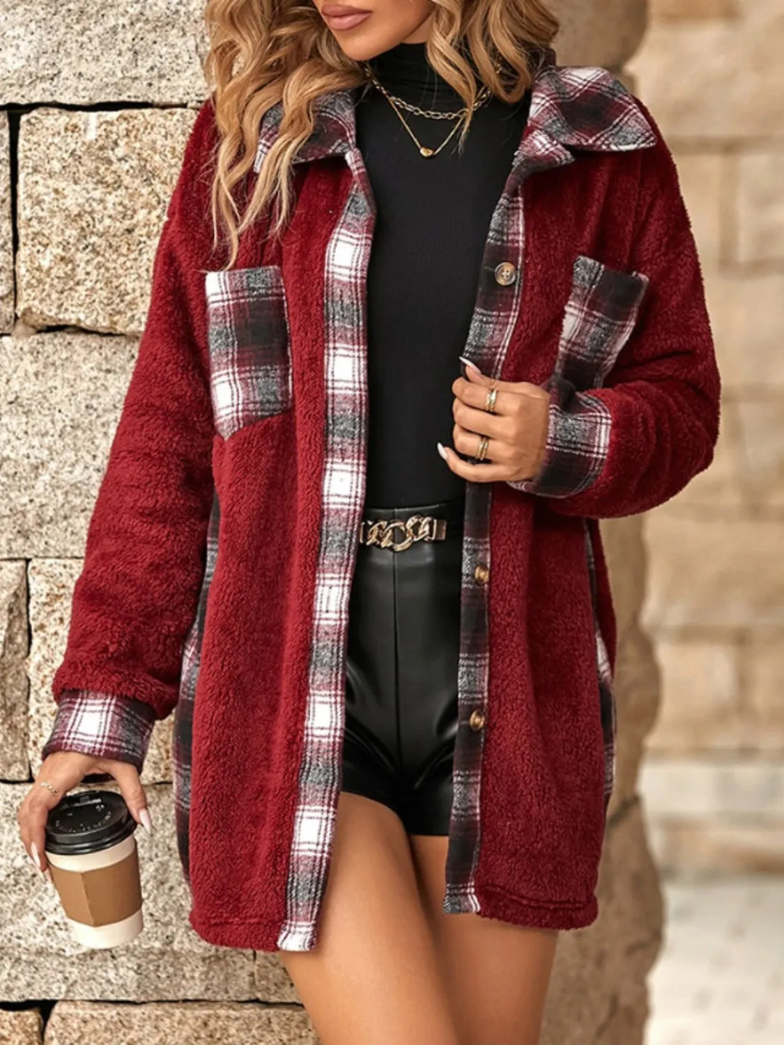 Plaid Button Up Long Sleeve Fuzzy Shacket
