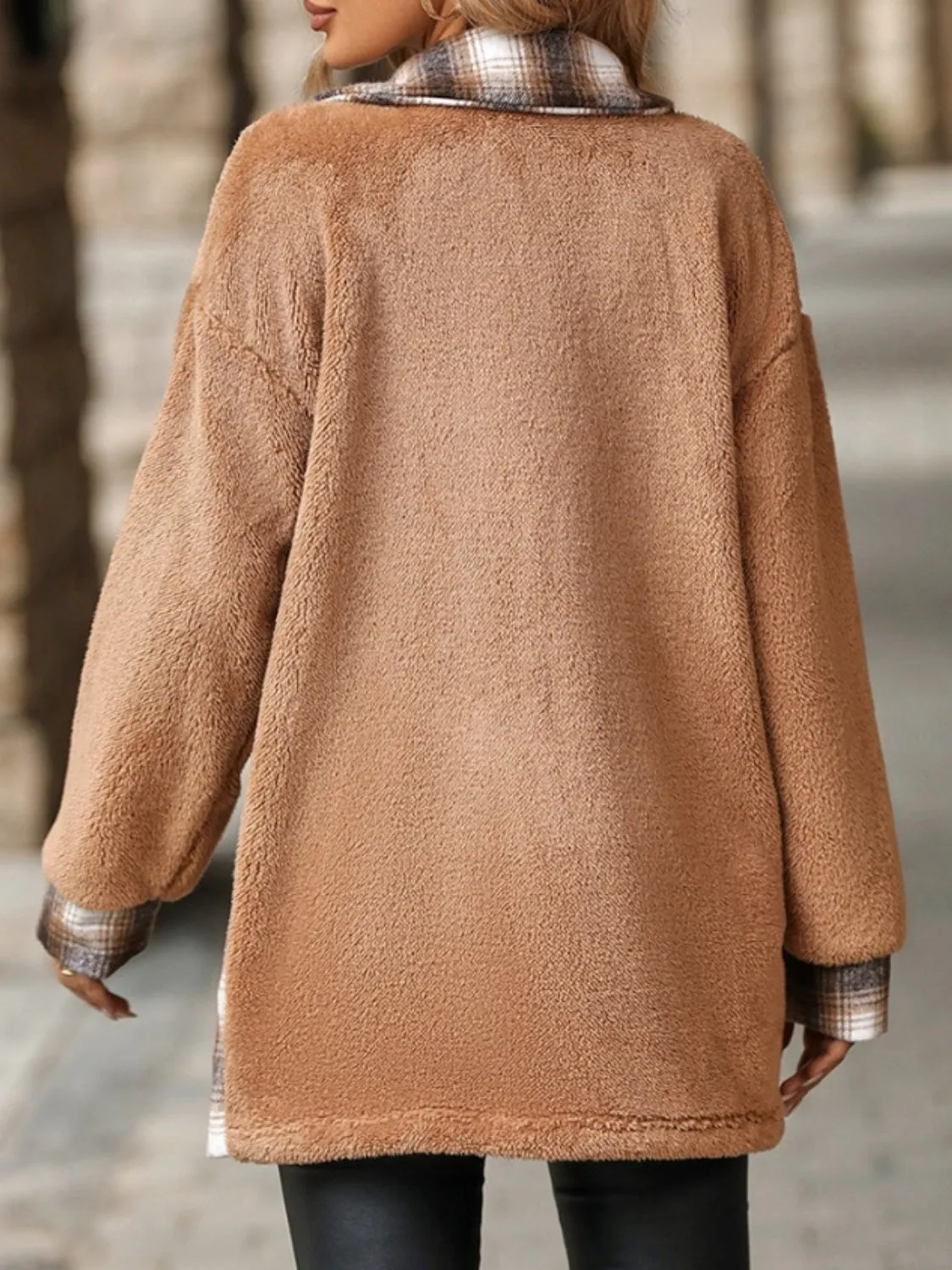 Plaid Button Up Long Sleeve Fuzzy Shacket