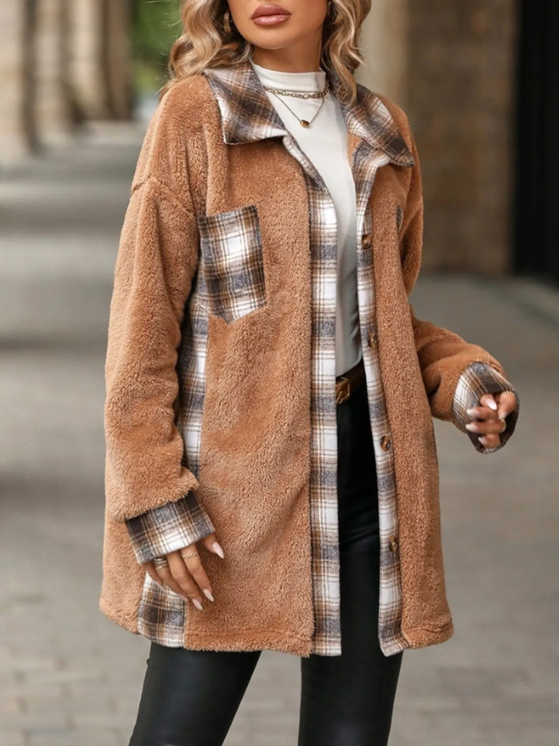 Plaid Button Up Long Sleeve Fuzzy Shacket