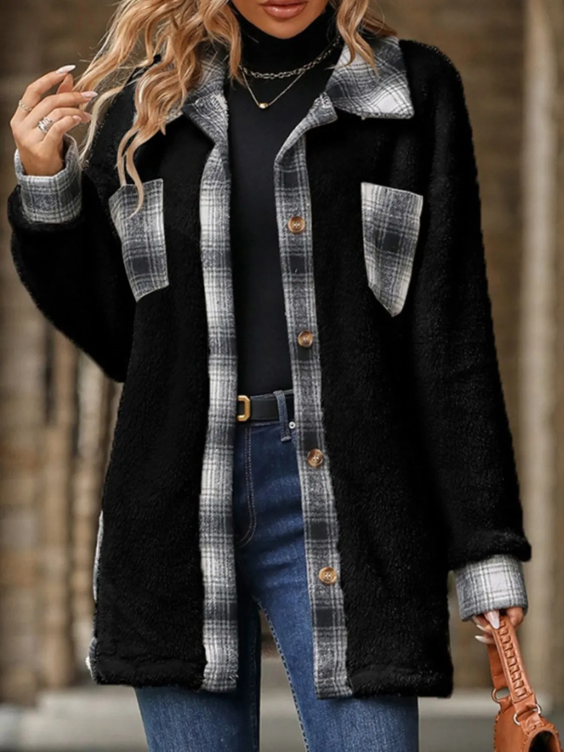 Plaid Button Up Long Sleeve Fuzzy Shacket