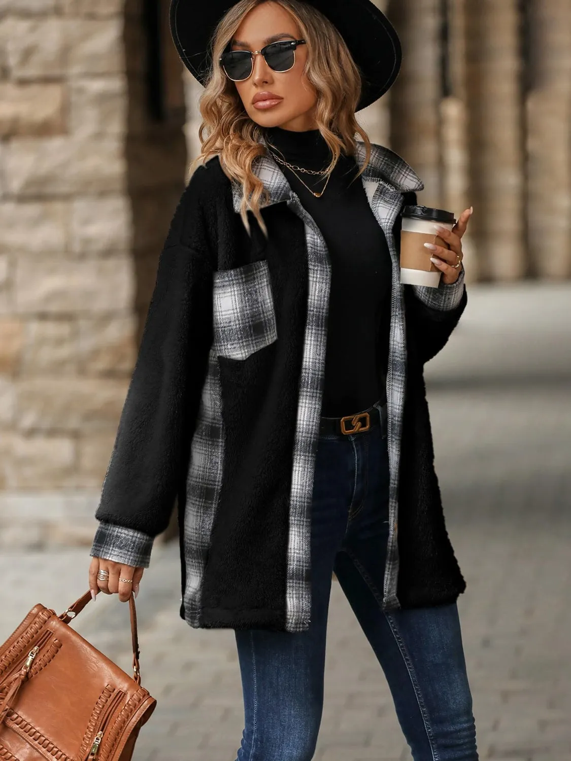 Plaid Button Up Long Sleeve Fuzzy Shacket