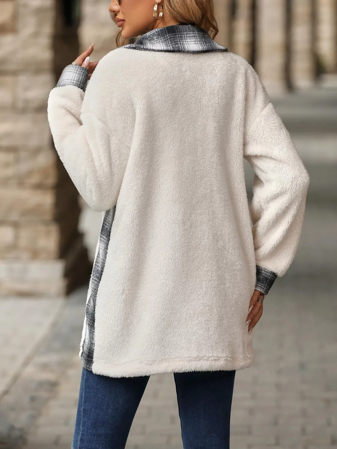 Plaid Button Up Long Sleeve Fuzzy Shacket