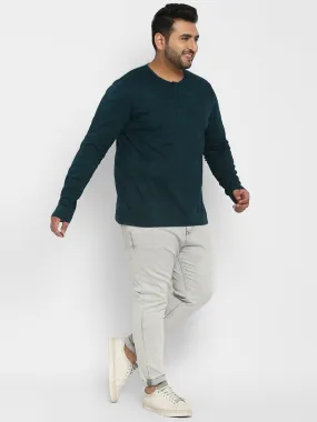 Plus Men's Dark Green Printed Regular Fit Henley Neck Full Sleeve Cotton T-Shirt