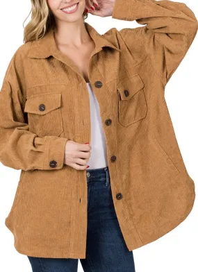 "Drew" Oversized Corduroy Shacket Camel Brown