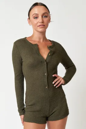 "Fall Movie Date" Olive Green Knit Thermal Button Down Romper