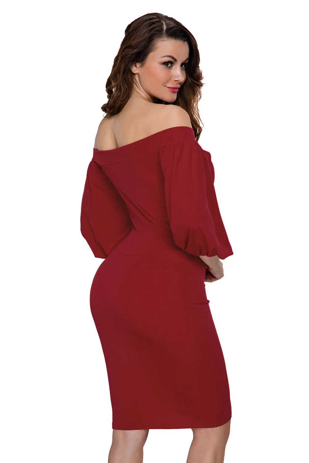 Red Puffs Peep Hole Off Shoulder Midi Bodycon Dress