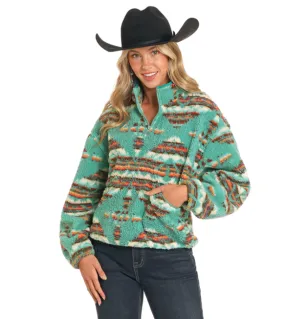 Rock & Roll Cowgirl Women's Turquoise Aztec Print 1/4 Zip Sherpa Pullover BW91C04558