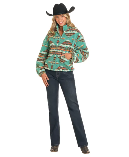 Rock & Roll Cowgirl Women's Turquoise Aztec Print 1/4 Zip Sherpa Pullover BW91C04558