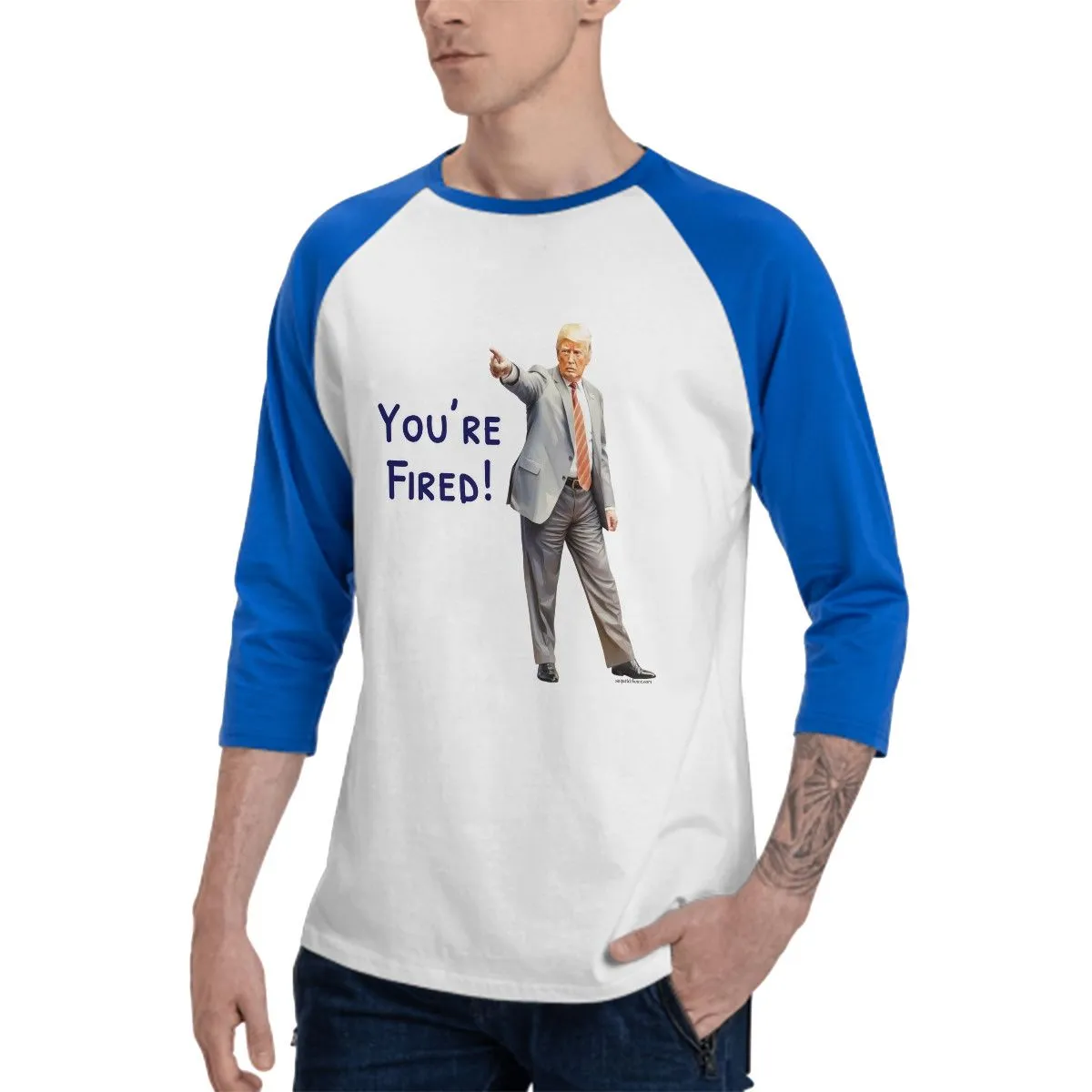 Sarcastic Sasquatch, Donald Trump, MAGA “You're Fired.”  3/4 Sleeve Cotton Baseball Shirt