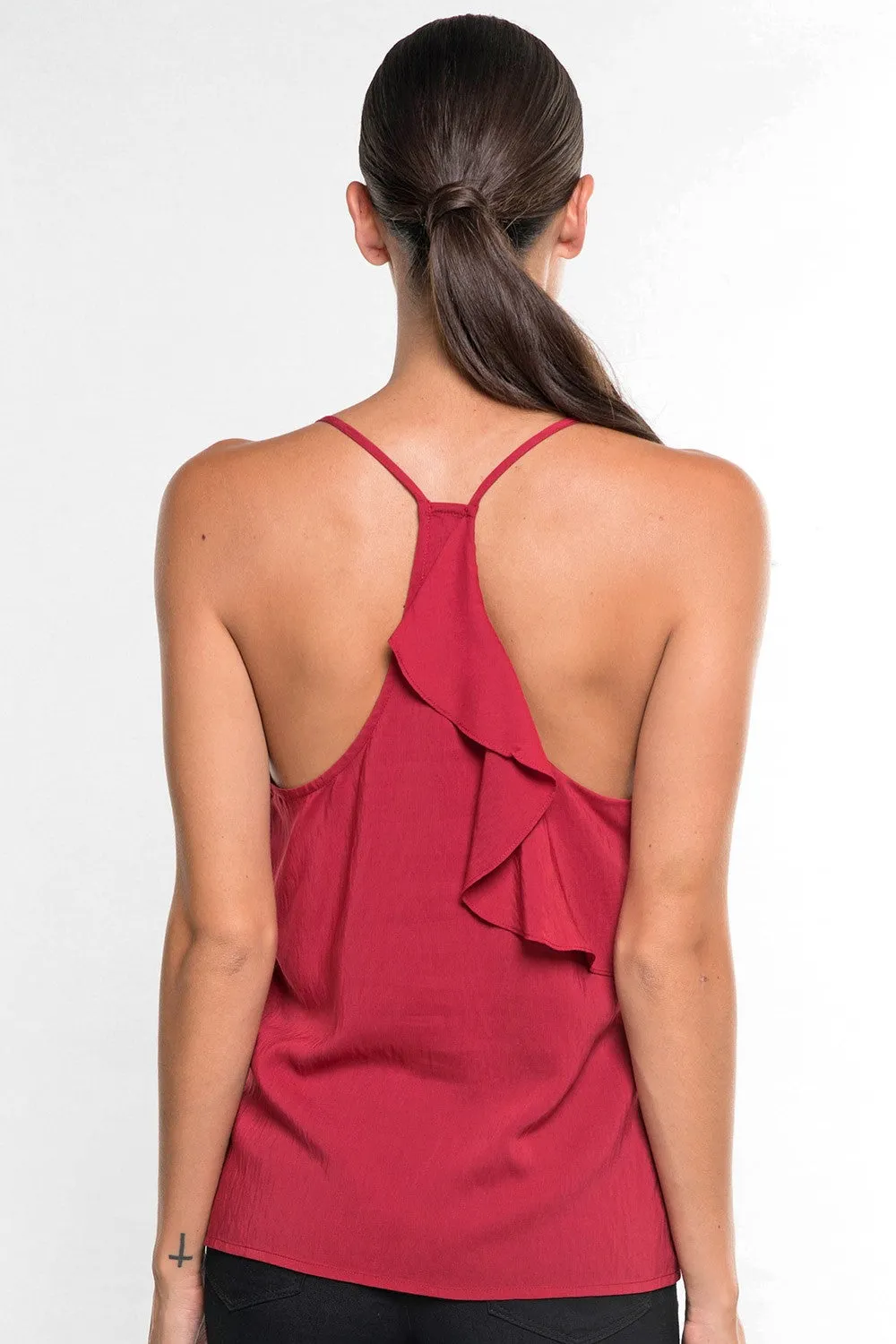 Solid Ruffle Spaghetti Strap Racerback Top