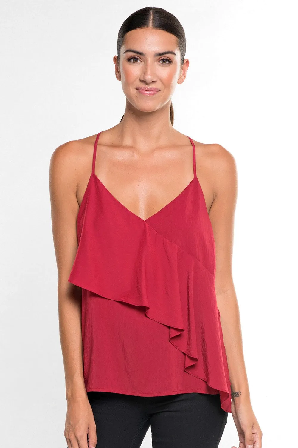 Solid Ruffle Spaghetti Strap Racerback Top