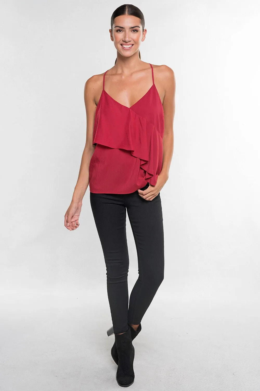 Solid Ruffle Spaghetti Strap Racerback Top