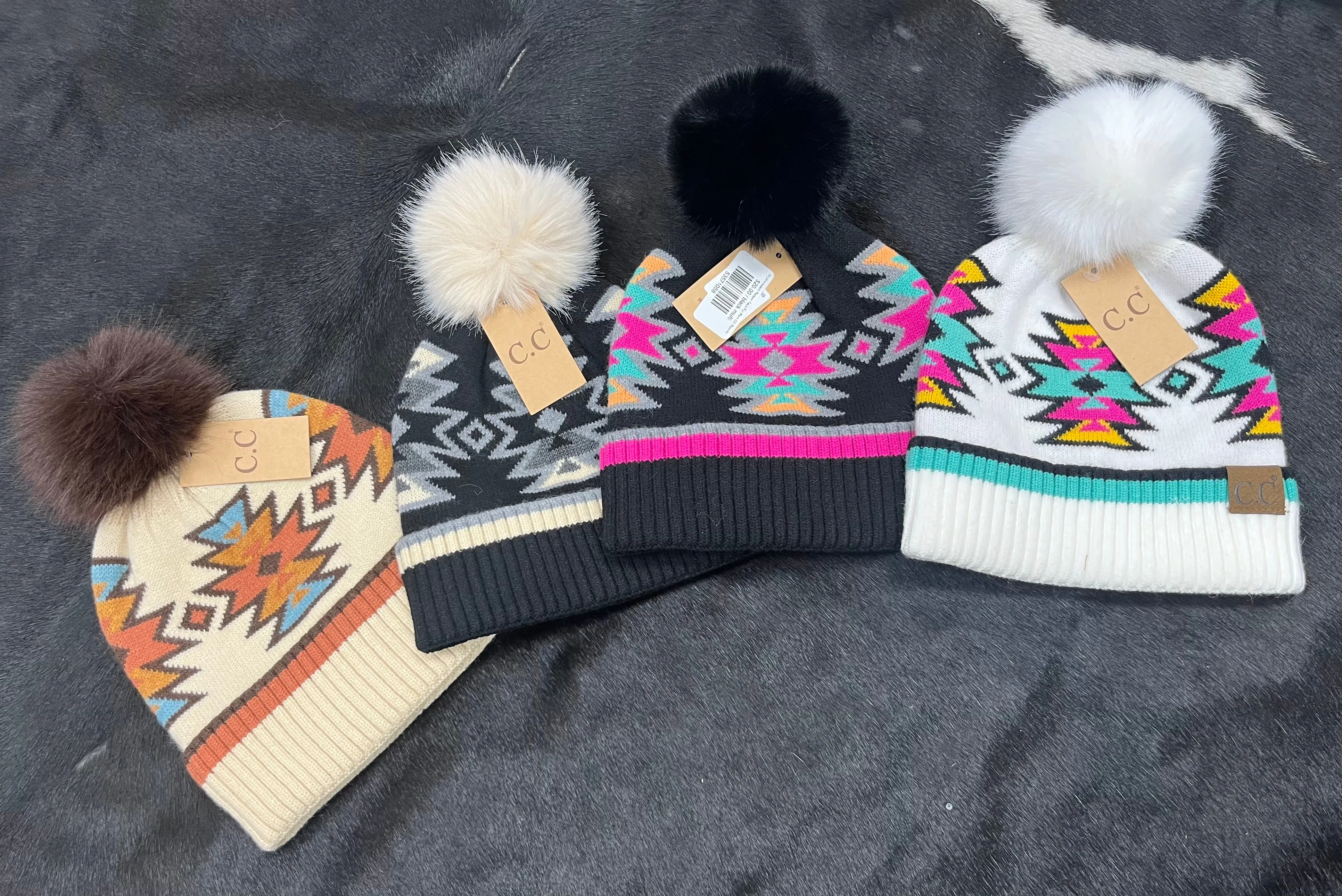 Southwestern Pattern Faux Fur Pom CC Beanie