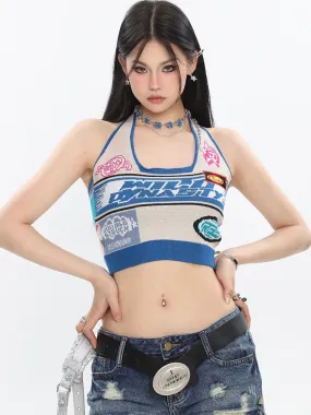 UNCMHISEX Biker Knitting Summer Halter Slim Cropped Top