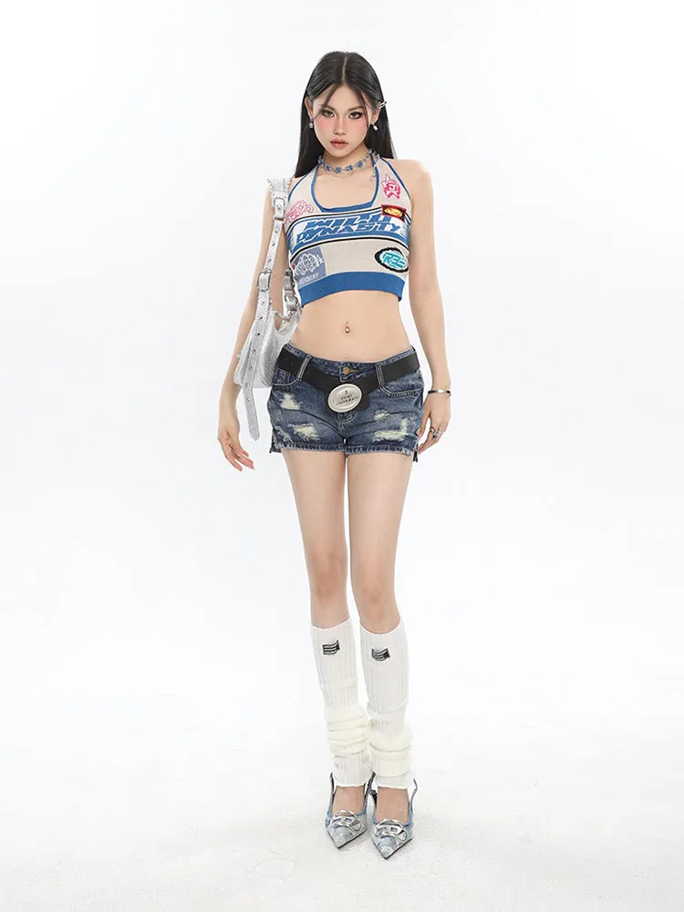 UNCMHISEX Biker Knitting Summer Halter Slim Cropped Top