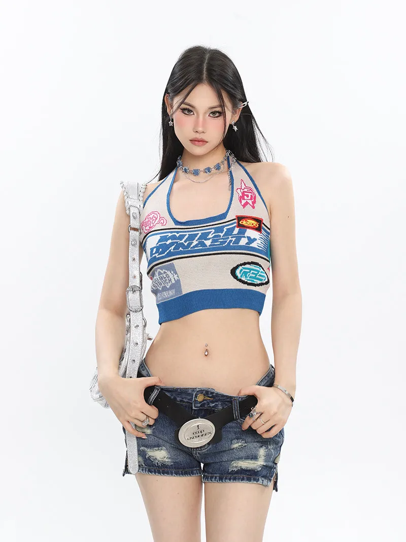 UNCMHISEX Biker Knitting Summer Halter Slim Cropped Top