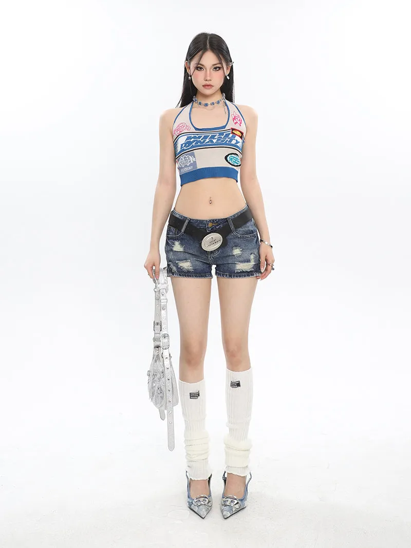 UNCMHISEX Biker Knitting Summer Halter Slim Cropped Top
