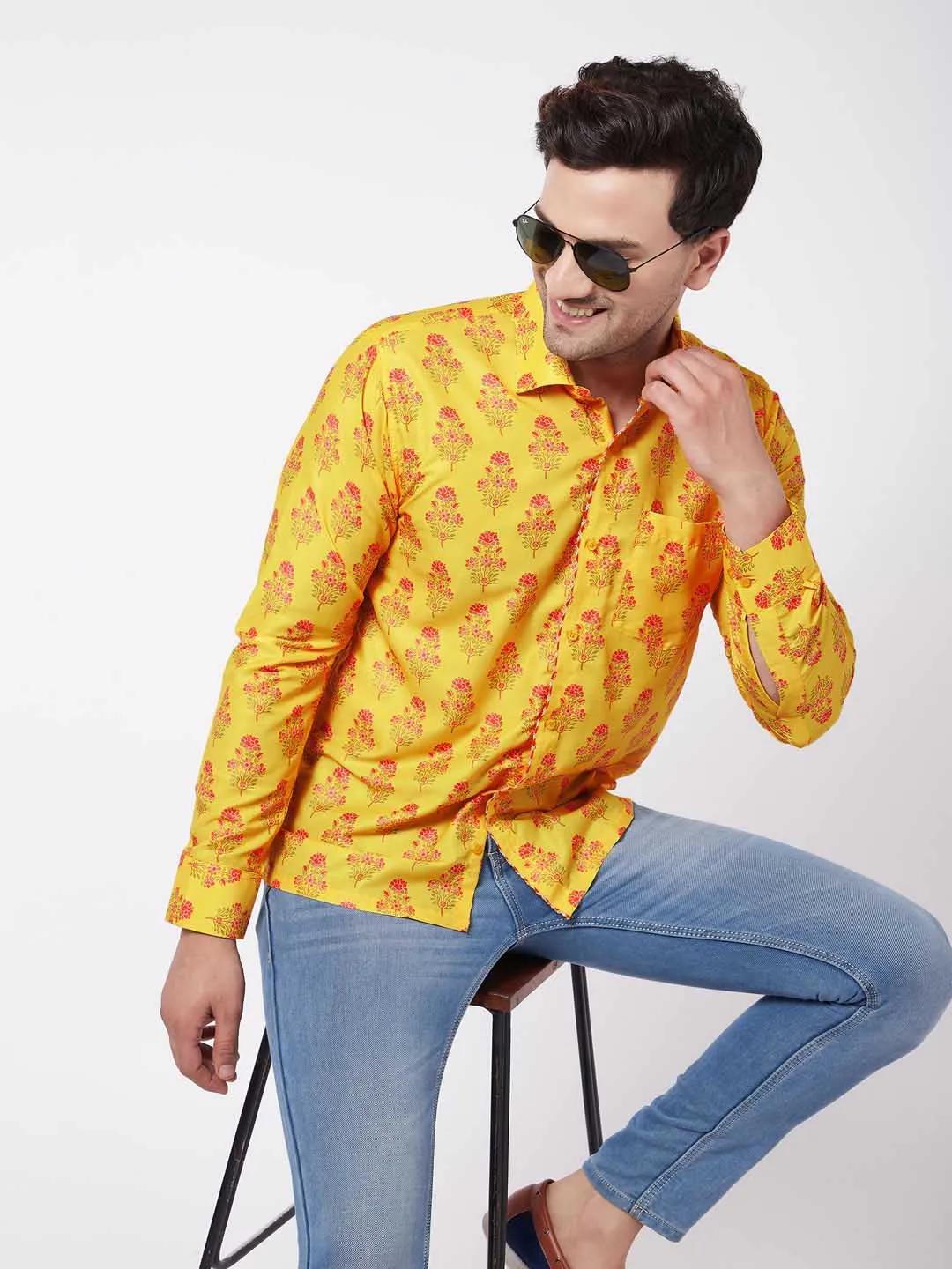 VASTRAMAY Men's Multicolor-Base-Orange Ethnic Shirt