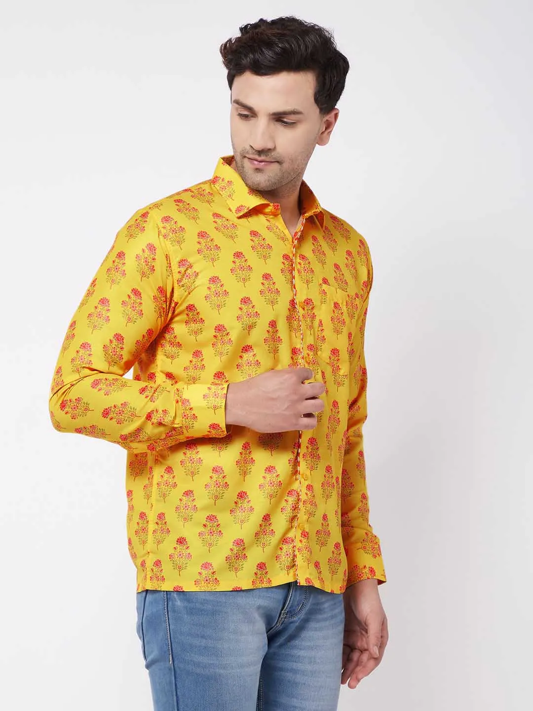 VASTRAMAY Men's Multicolor-Base-Orange Ethnic Shirt