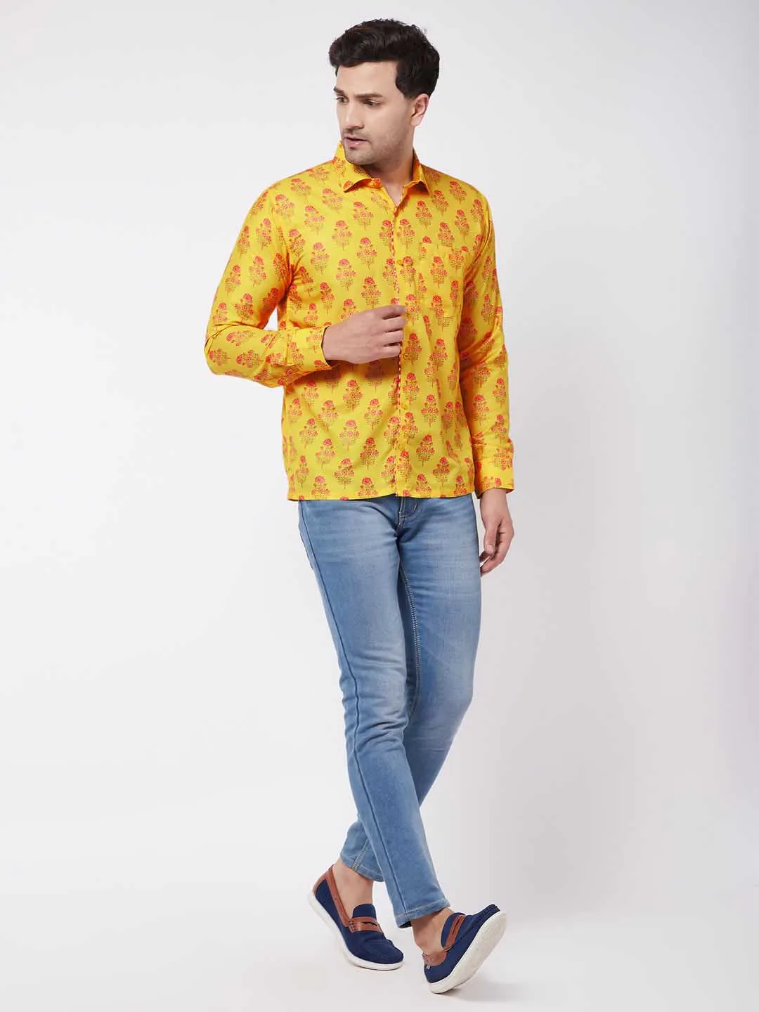 VASTRAMAY Men's Multicolor-Base-Orange Ethnic Shirt