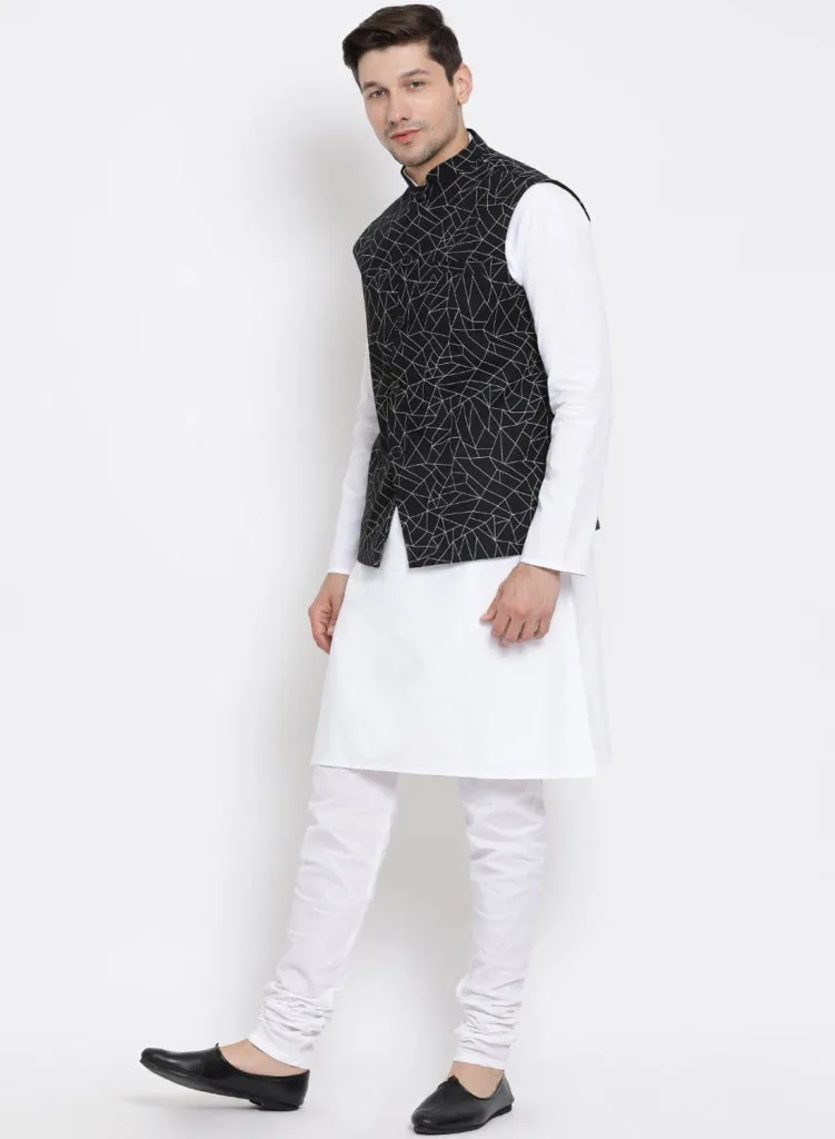 VASTRAMAY Men's White Cotton Blend Kurta, Nehru Jacket and Pyjama Set