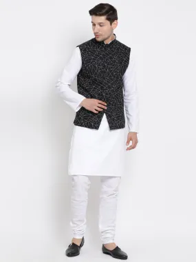 VASTRAMAY Men's White Cotton Blend Kurta, Nehru Jacket and Pyjama Set